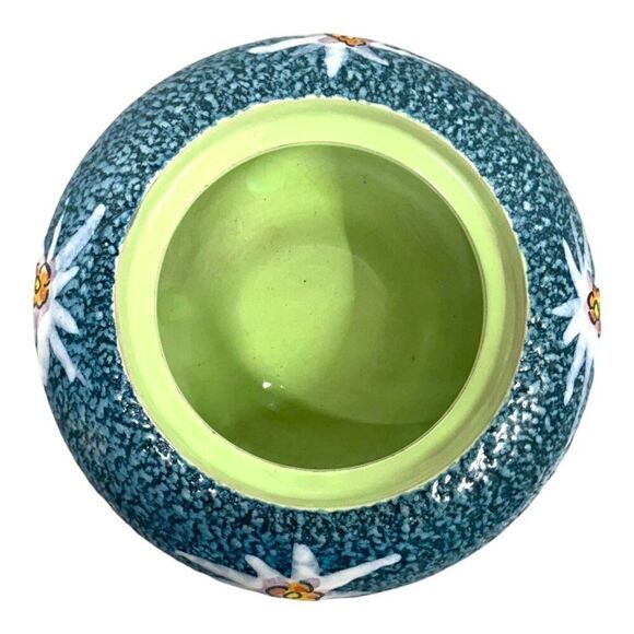 Vintage Signed Italy Blue Ceramic Bowl Planter Floral & Green Interior Flower 6" - Picture 3 of 6